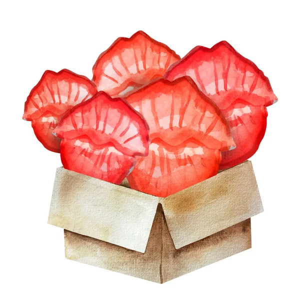 Kisses Lips Cardboard Box Love Watercolor Illustration Template Inserting Advertising — Stock Photo, Image