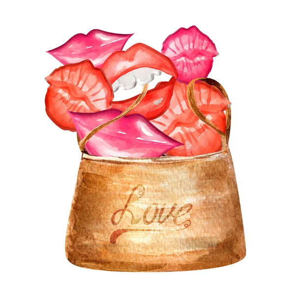 Száj Csók Mosoly Egy Kosárban Felirattal Szerelem Akvarell Illusztráció Sablon — Stock Fotó