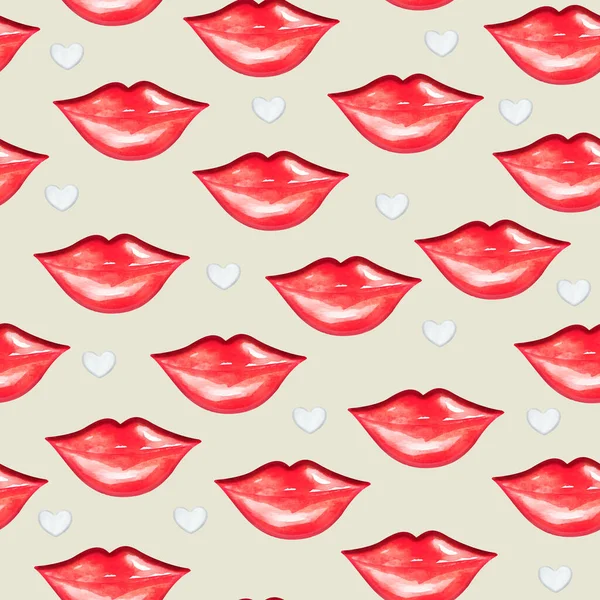 Roze Lippen Glimlachen Wit Hart Aquarel Naadloos Patroon Digitaal Papier — Stockfoto