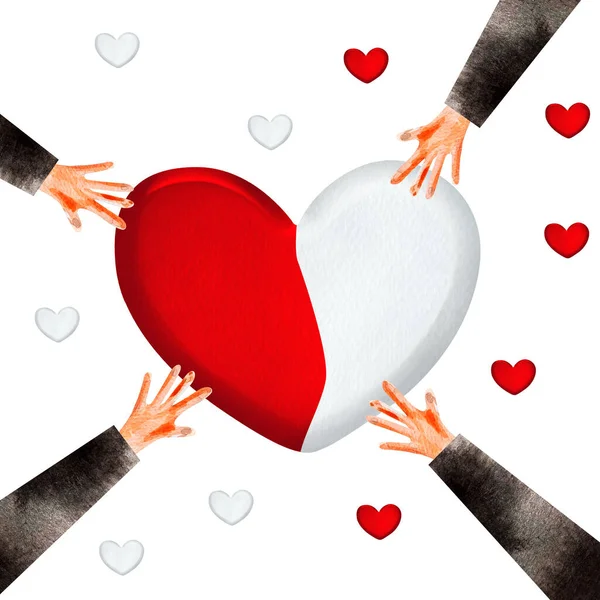 The character\'s hands in black sleeves reach for a white-red heart watercolor illustration