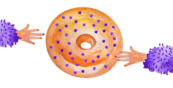 Hände Flauschigen Ärmeln Greifen Nach Einem Donut Mit Zuckerguss Aquarell — Stockfoto