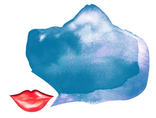 Blauwe Dialoog Vlek Roze Lippen Aquarel Abstracte Illustratie Model Voor Rechtenvrije Stockafbeeldingen