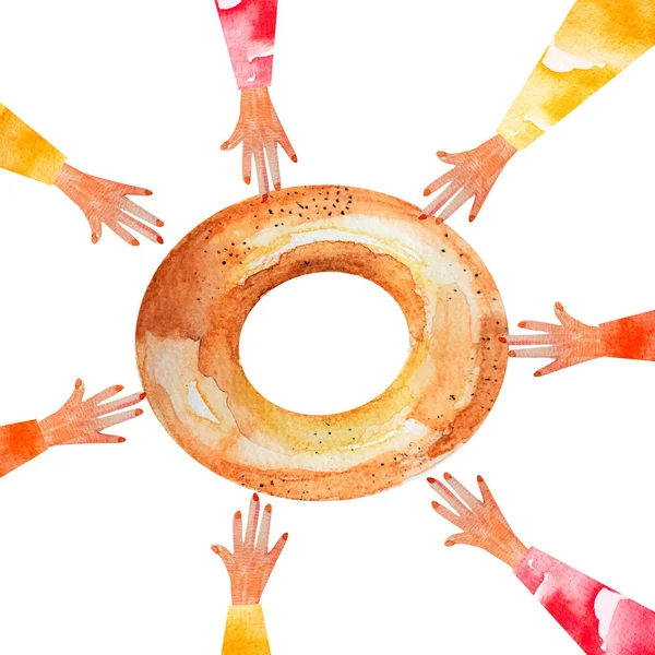 Handen Mouwen Reiken Naar Een Donut Aquarel Illustratie Model Voor Stockfoto