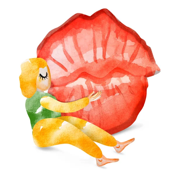 巨大な唇に座っているパンツのブロンドの女の子は水彩画のイラストキス デザインに挿入するためのテンプレート — ストック写真