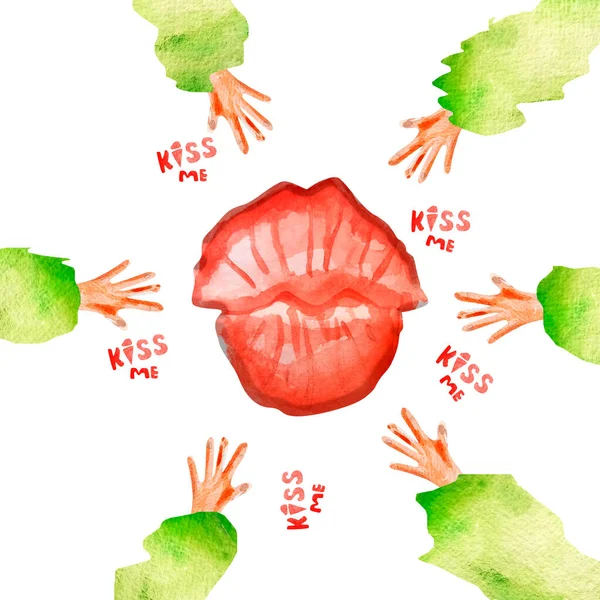 Ręce Sięgają Duże Usta Pocałuj Akwarelową Ilustrację Szablon Umieszczania Reklamie — Zdjęcie stockowe