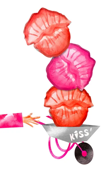 Beijos Volumétricos Carrinho Mão Jardim Ilustração Aquarela Modelo Para Inserção — Fotografia de Stock