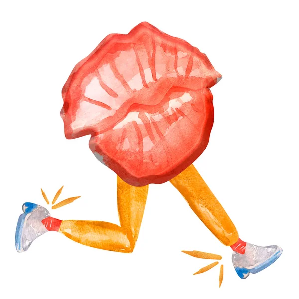 Saftiga Voluminösa Läppar Form Kyss Körs Sneakers Akvarell Illustration Mall Stockbild