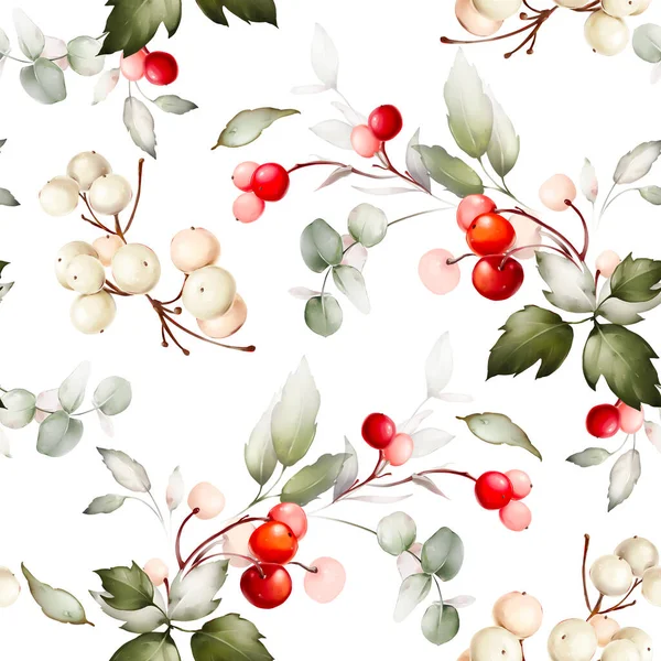 水彩で白と赤の果実とシームレスなクリスマスパターン — ストック写真