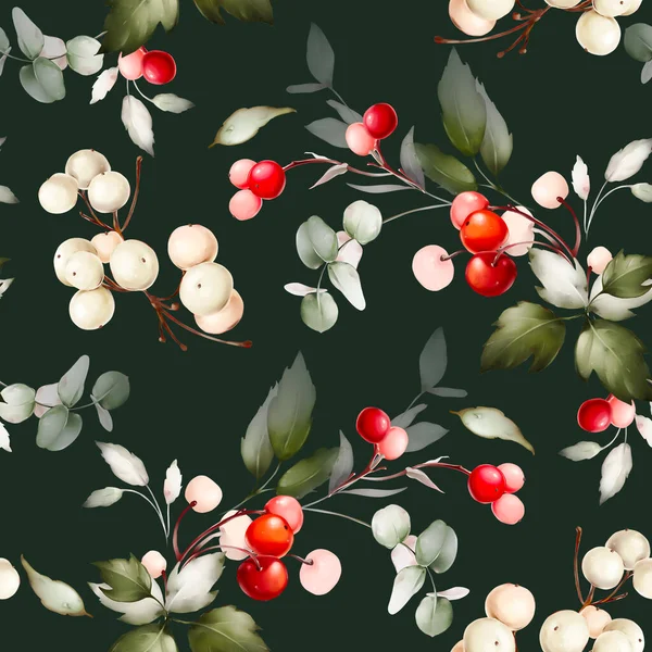 白色和红色浆果做成水彩画的无缝制圣诞图案 — 图库照片