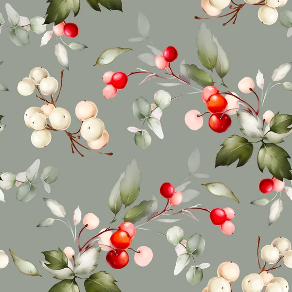 Seamless Christmas Pattern White Red Berries Watercolor Style — Stock Photo, Image