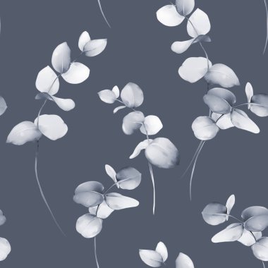 Okaliptüs dalları çivit tonlarında kusursuz bir desen. Koyu mavi arkaplan