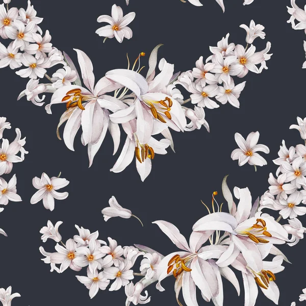 Bouquet Lilies Hyocinths Black Seamless Pattern Delicate Flowers — Stock Photo, Image