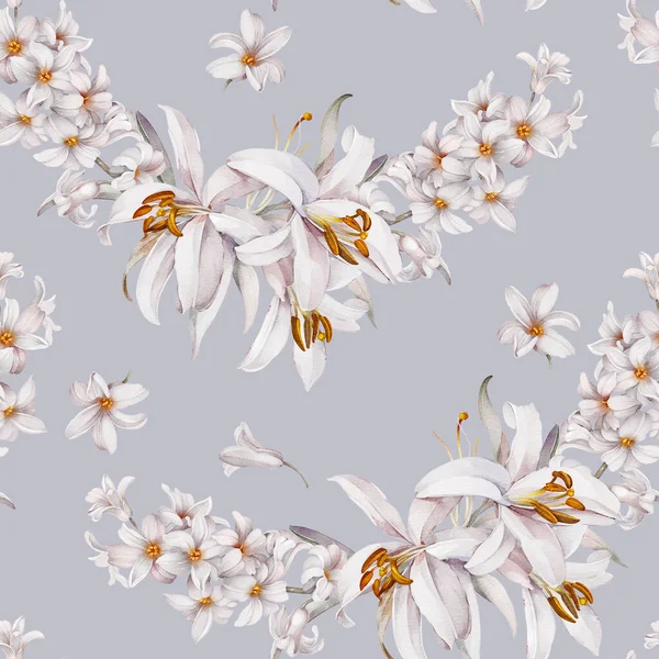 Bukett Med Liljor Och Hyacinter Sömlöst Mönster Med Ömtåliga Blommor — Stockfoto