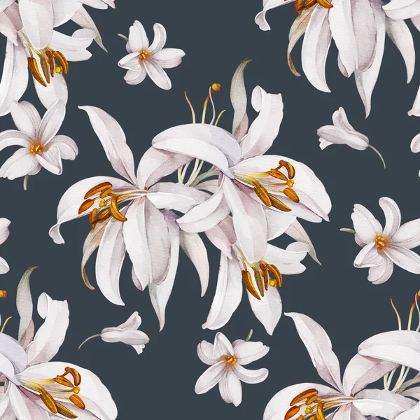 Bouquet Lilies Black Background Seamless Watercolor Pattern — Stock Photo, Image