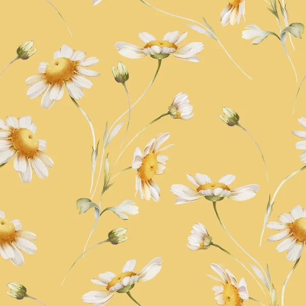黄底上有淡淡的雏菊的无缝图案 — 图库照片