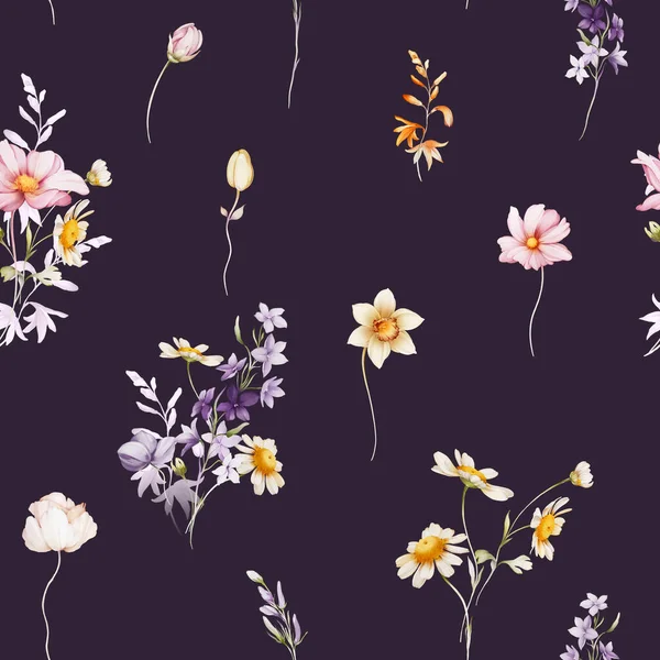 Nahtloses Muster Mit Wildblumen Aquarell Stil Dunkler Hintergrund — Stockfoto
