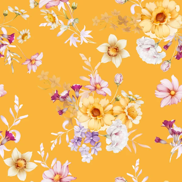 无缝图案 野花呈水彩画风格 黄色背景的夏花 — 图库照片