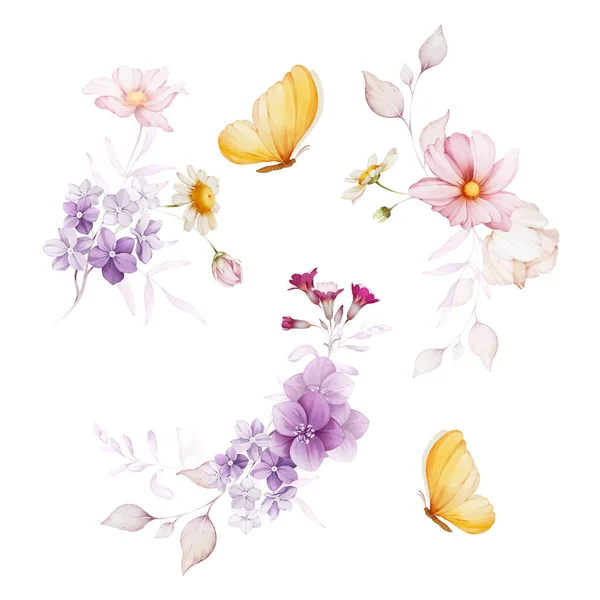 Ilustración Acuarela Con Mariposas Flores Silvestres Aisladas Sobre Fondo Blanco — Foto de Stock
