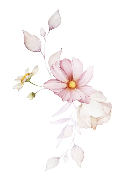 Bukiet Kwiatów Białym Tle Ilustracja Akwarela Kartce Okolicznościowej — Zdjęcie stockowe