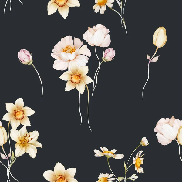 Sömlöst Mönster Med Narcissus Liljor Och Vit Popp — Stockfoto