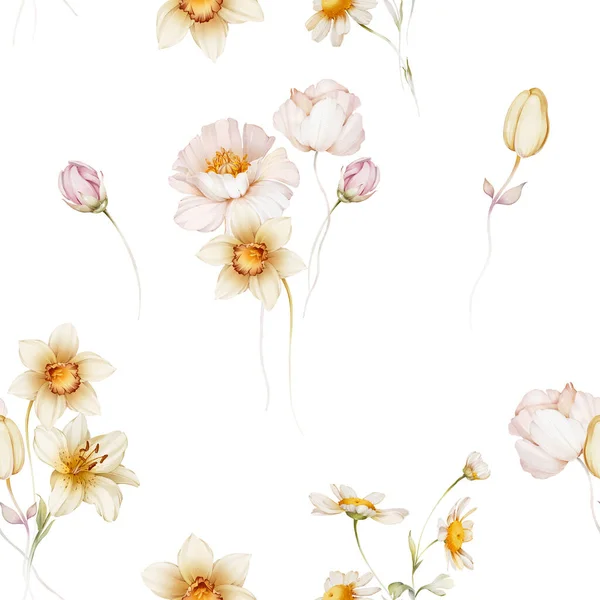 Seamless Pattern Narcissus Lilies White Poppy — Stockfoto