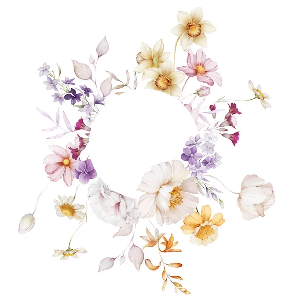Beyaz Arka Planda Kır Çiçekleri Olan Çiçek Çerçevesi — Stok fotoğraf