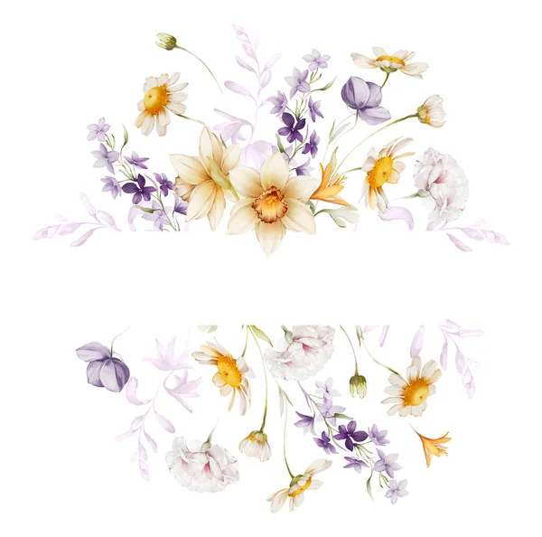Beyaz Arka Planda Kır Çiçekleri Olan Çiçek Çerçevesi — Stok fotoğraf