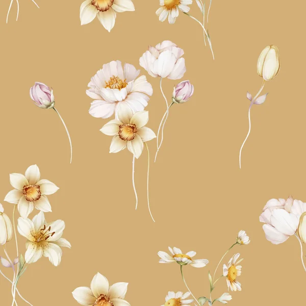 Sömlöst Mönster Med Narcissus Liljor Och Vit Popp — Stockfoto