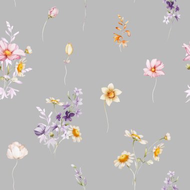 Suluboya tarzında kır çiçekleriyle kusursuz desen