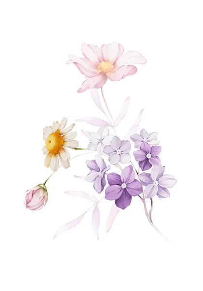 Buquê Flores Fundo Branco Ilustração Aquarela Para Cartão Saudação — Fotografia de Stock