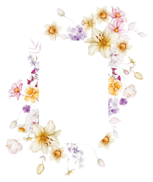 Floraler Rahmen Mit Wildblumen Auf Weißem Hintergrund — Stockfoto