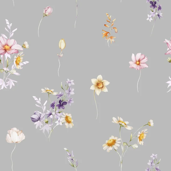 Sömlöst Mönster Med Vilda Blommor Akvarell Stil — Stockfoto