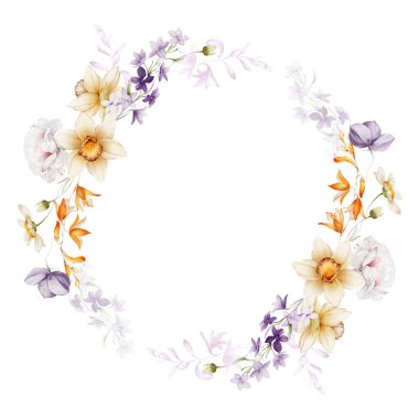 Beyaz arka planda yaban çiçekli yaz çelengi