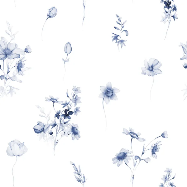 Sömlöst Mönster Med Vilda Blommor Indigotoner — Stockfoto