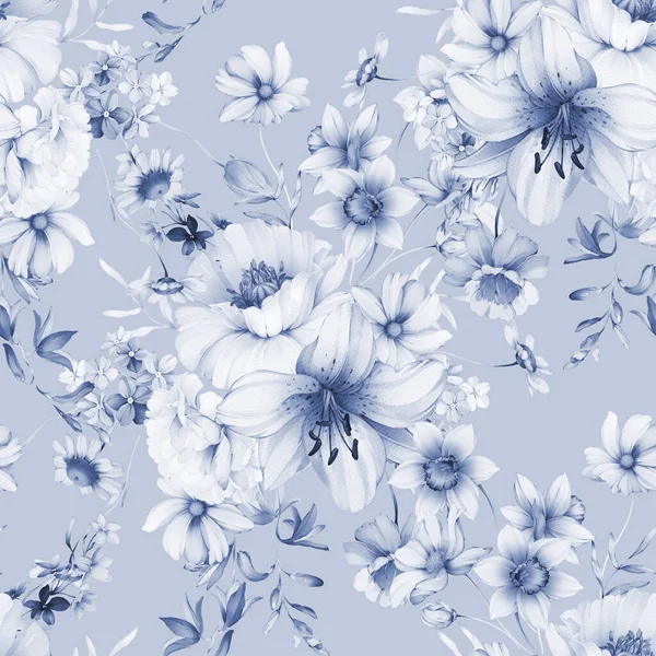 Seamless Pattern Wild Flowers Indigo Tones — Stock Photo, Image