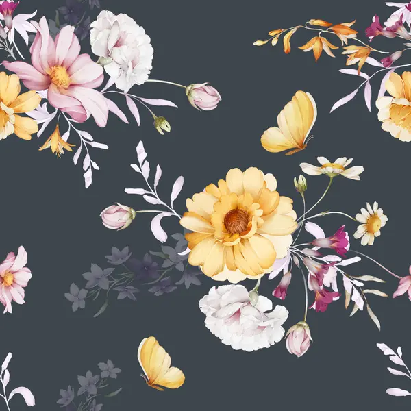 Seamless Pattern Wildflowers Watercolor Style — Stok fotoğraf