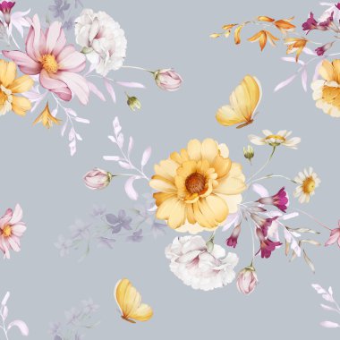 Suluboya tarzında kır çiçekleriyle kusursuz desen