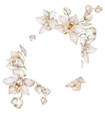 Üzerinde suluboya orkideler olan tebrik kartı. Beyaz arkaplanda çiçek çerçevesi