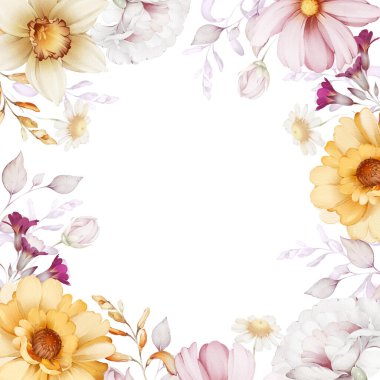 Beyaz arka planda narin bahar çiçekleri. Suluboya tebrik kartı