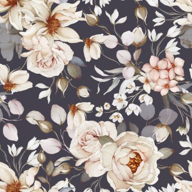 Çiçek buketleriyle kusursuz desen. Suluboya tarzında bahar gülleri