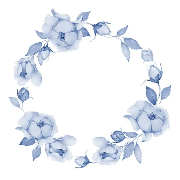 Delicate Wreath Watercolor Roses White Background Indigo Tones — Stock Photo, Image