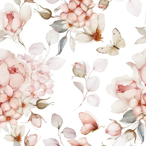 Patrón Sin Costuras Con Ramos Flores Mariposas Rosas Primavera Estilo —  Fotos de Stock