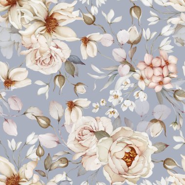 Çiçek buketleriyle kusursuz desen. Suluboya tarzında bahar gülleri