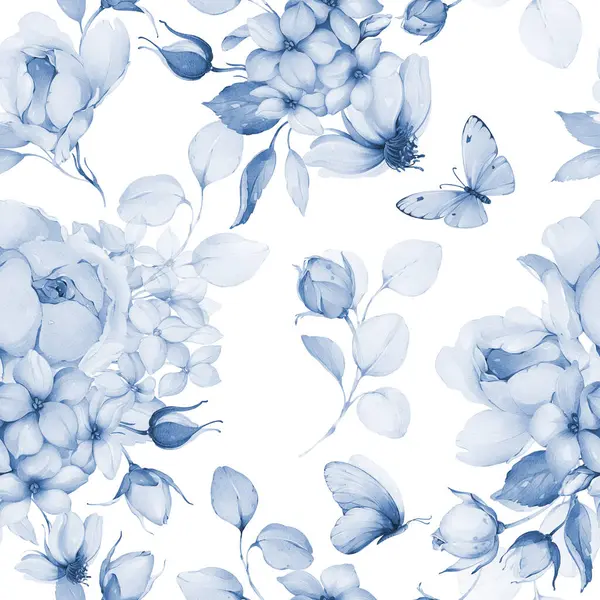 Nahtloses Muster Mit Frühlingsblumen Indigo Tönen — Stockfoto