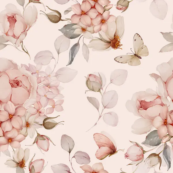 Nahtloses Muster Mit Blumensträußen Und Schmetterlingen Frühlingsrosen Aquarell Stil Stockbild
