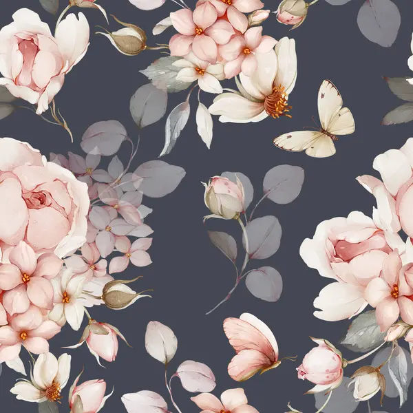 Patrón Sin Costuras Con Ramos Flores Mariposas Rosas Primavera Estilo — Foto de Stock