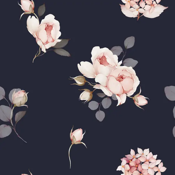 无缝图案 花束丛生 水彩画中的春玫瑰 免版税图库照片