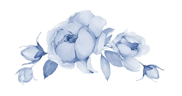 水彩画 用一束精致的玫瑰装饰婚礼卡片 用深蓝色调的邀请函 图库图片