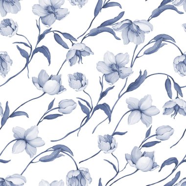 Çivit tonlarında yabani çiçek buketleriyle kusursuz desen.