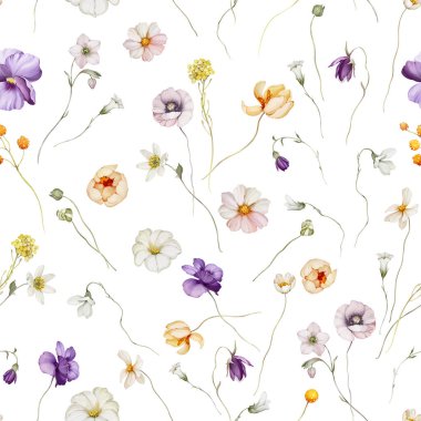 Suluboya tarzında kır çiçekleriyle kusursuz bir desen. Yaz buketi 